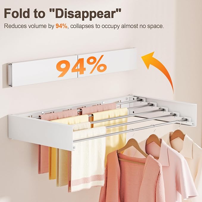 Wall Mounted Clothes Drying Rack Folding Indoor, Foldable Laundry Drying Rack Collapsible,Invisible, Space Saving, Retractable Towel Drying Rack, with Wall Template(5 Drying Rods, White 32")