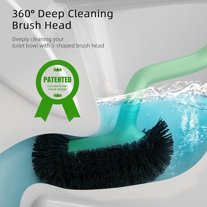 HAMITOR Toilet Bowl Brush Holder Set: Bathroom Deep Cleaning Toilet Cleaner Scrubber Under Rim with Curved Bristle for Dead Corner Clean - Hidden Rv Toilet Decorative Accessories with Caddy- Green