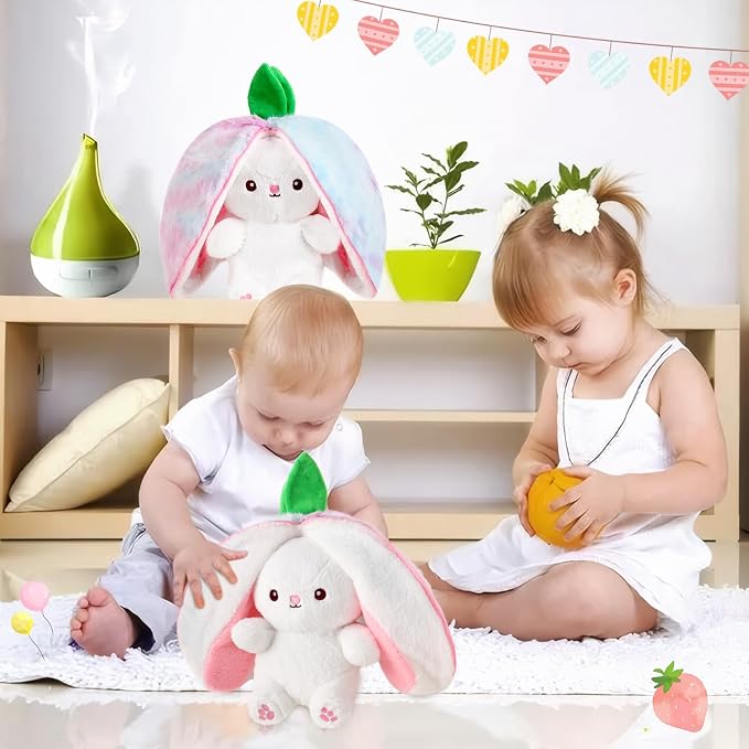 MIAODAM Strawberry Bunny Stuffed Animal, Cute Reversible Plush Strawberry to Rabbit Doll, Funny Bunny Toy for Babies and Children (7 Inch)