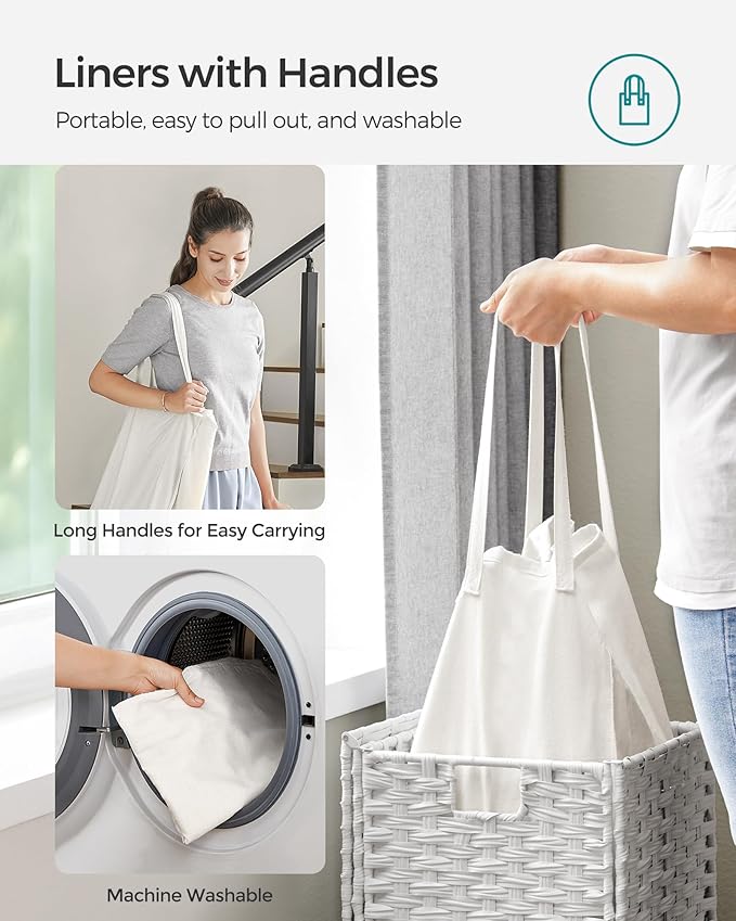 SONGMICS Laundry Hamper with Lid, 17.2 Gallon (65 L) Synthetic Rattan Clothes Laundry Basket with Lid and Handles, Foldable, Removable Liner, Cloud White ULCB165W01