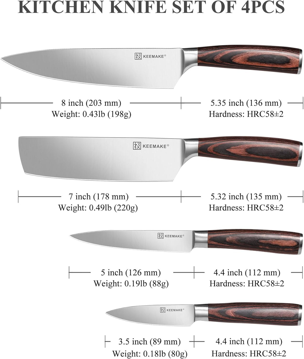KEEMAKE Kitchen Knife Set of 4pcs - Sharp Kitchen Knives High Carbon Stainless Steel Blade, Chef Knife Set Pakkawood Handle Knives Set for Kitchen, w/Elegant Gift Box