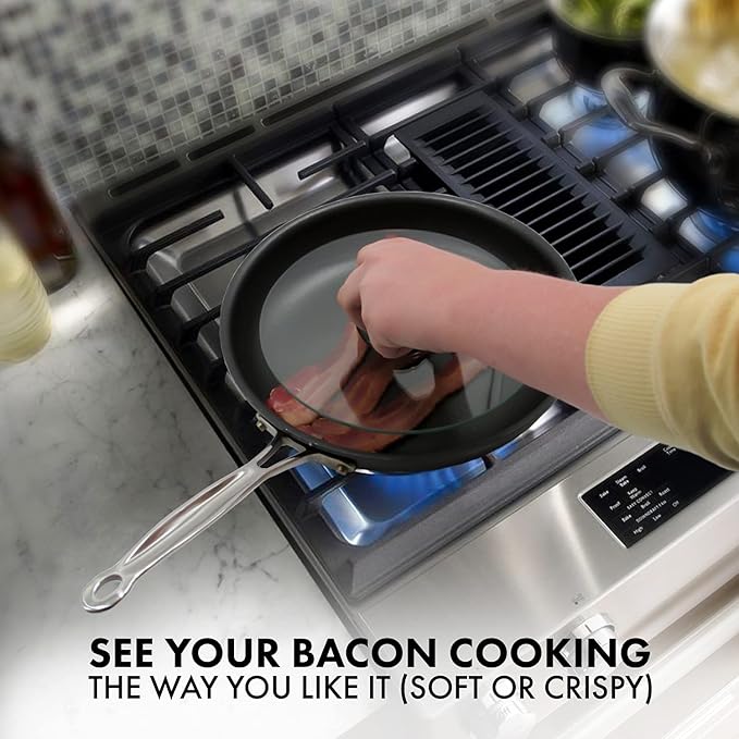 Northwest Enterprises Bacon Press, Round Tempered Glass Bacon Press and Splatter Shield, Perfectly Cooked Flat Bacon Every time! (10 Inch)