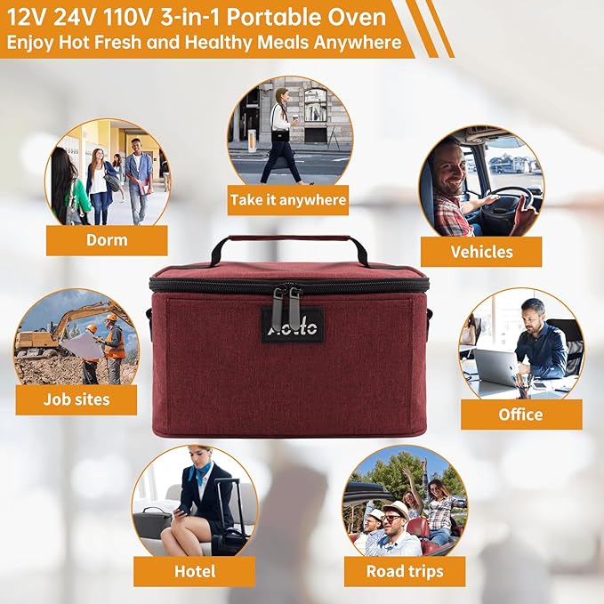 Aotto Portable Oven, Electric Lunch Box Food Heater - 12V/24V/110V 3-in-1 Car Food Warmer - Heated Lunch Box for Adults - Cook, Reheat & Keep Meals Warm for Car, Truck, Travel, Work, Home - Red