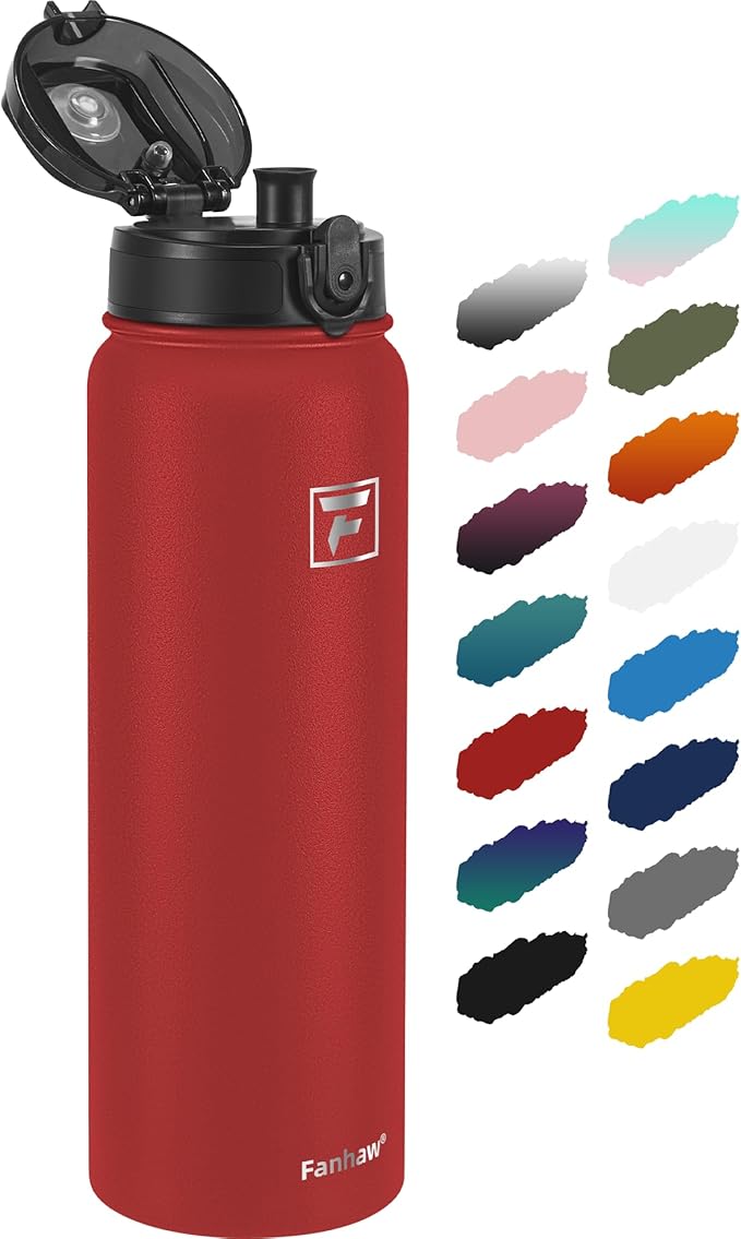 Fanhaw 32 oz Insulated Stainless Steel Water Bottle with Anti-Dust Chug Lid, Leakproof Vacuum Sports Bottle for Men & Women (Red)