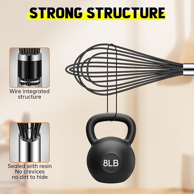 HOTEC 4 Pieces Silicone Whisks Set, Wire Balloon Whisks Egg Beater, Non-slip Handle Whisk for Non-stick Cookware Perfect for Cooking, Stirring, Beating and Blending (Black)