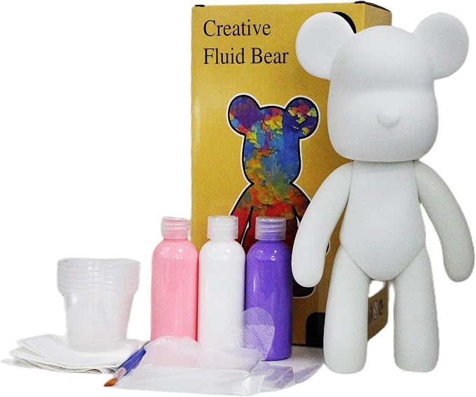 HANDA DIY Painting Fluid Bear Teddy Bear Painting Kit Set Creative Home Decorations Handmade Doll Figurine Toys Gift for Birthday Valentines (5 Colors Acrylic Paints, no Bear)