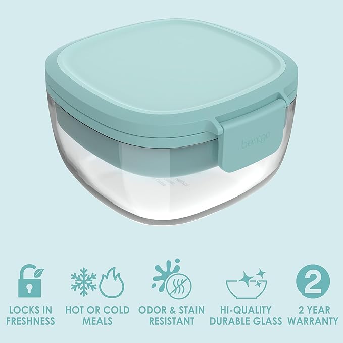 Bentgo Glass All-in-One Salad Container - Large 61-oz Salad Bowl with Lid, 4-Compartment Bento-Style Tray, 3-oz Sauce Container & Reusable Fork - Dishwasher, Microwave, Oven Safe (Coastal Seaglass)