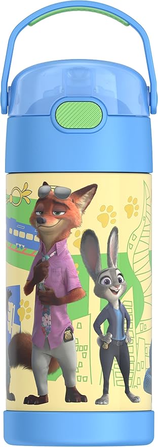THERMOS FUNTAINER Water Bottle with Straw - 12 Ounce - Kids Stainless Steel Vacuum Insulated Water Bottle with Lid, Zootopia 2