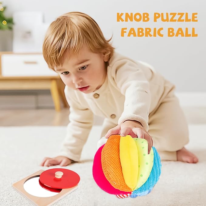 Montessori Baby Toys Play Kit - Mirror, Peekaboo, Knob Puzzle, Rainbow Fabric Ball - For 6-12 Months Toddlers