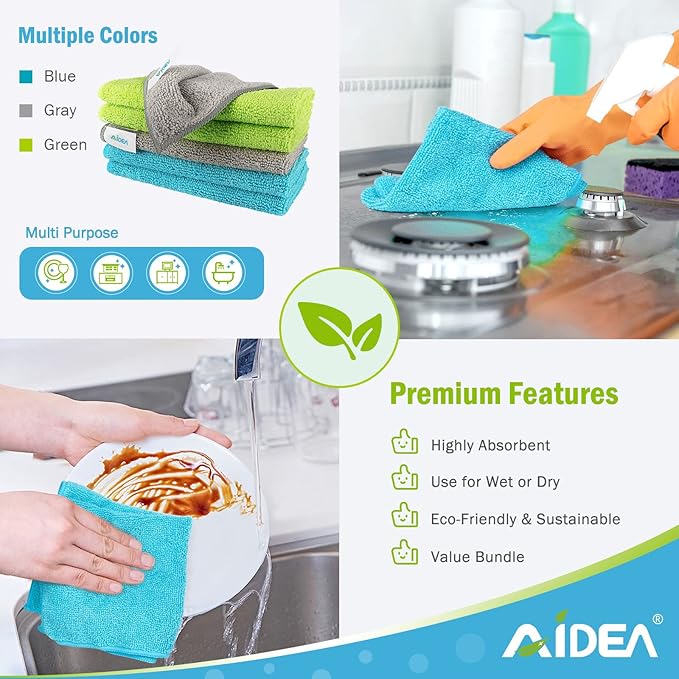 AIDEA Microfiber Cleaning Cloth-100PK, Soft Microfiber Towels for Cars, Absorbent Cleaning Rags, Lint-Free Streak-Free Wash Cloths for House, Kitchen, Window(12in.x12in)
