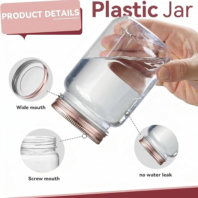 novelinks 16 oz Clear Plastic Jars with Lids, Refillable 16oz Mason Jars with Lids & Storage Containers for Kitchen & Household Use (10 Pack,Rose Gold)