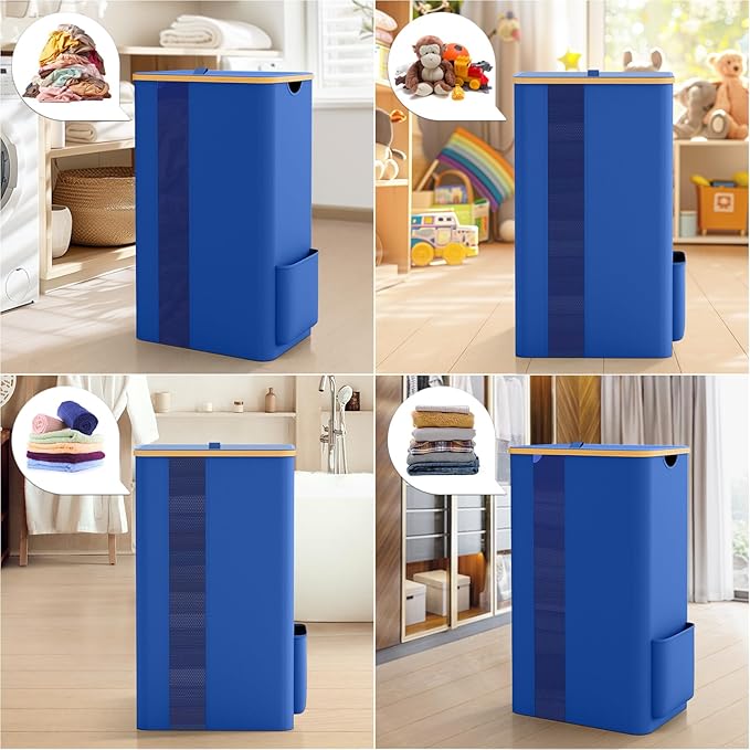 BlissTotes 100L Bamboo Laundry Hamper with Lid, Breathable Mesh Bag & Window, Portable, Moisture Resistant, Blue