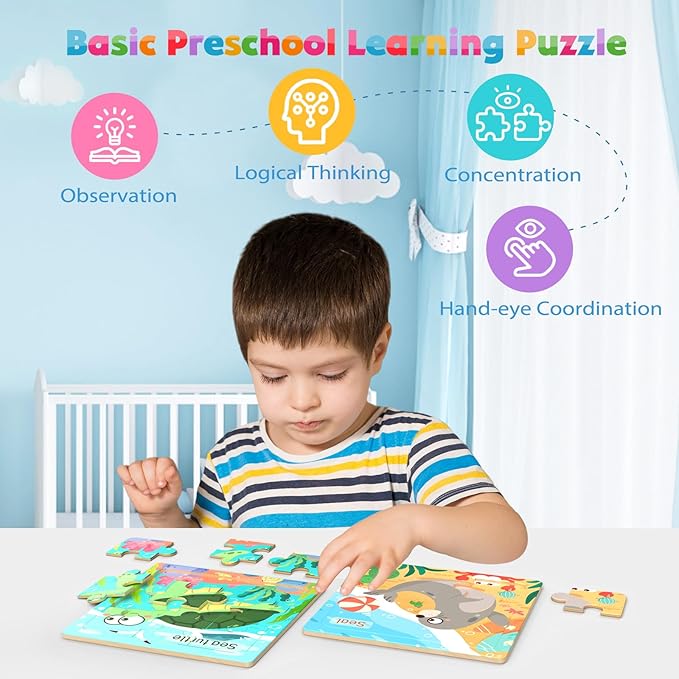 Zeoddler Wooden Puzzles for Toddlers, 8 Pack Sea Animal Jigsaw Puzzles for Kids3-5, 9 Pieces Preschool Learning Activities, Learning & Educational Toys, Gift for Boys, Girls