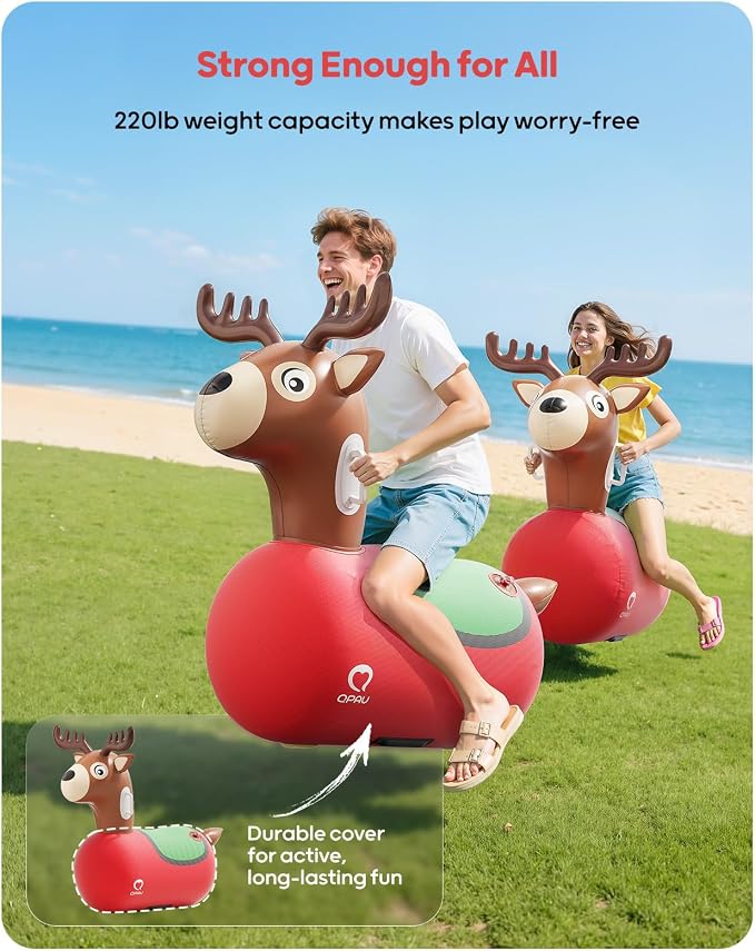 QPAU 2 Pack Large Inflatable Reindeer Hopper Bouncy Toy, 250lbs High Capacity Ride-on Animal for Kids & Adults, Soft Fabric Cover & Pump, Durable Puncture-Resistant Bouncer for Family Party Gift