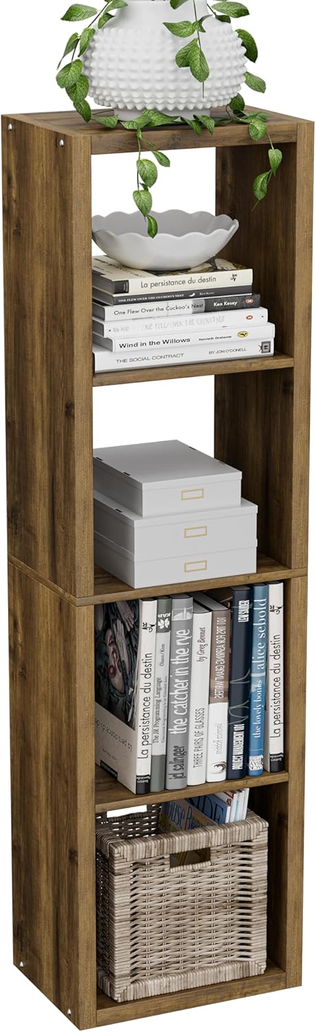Cube Storage Organizer Bookcase, Small 4 Tier 11 inch Open Back Cubical Shelf with Thickened Border, Display Bookshelf for Living Room, Home Office, Sturdy Room (Brown, 4 Cube,Vertical)