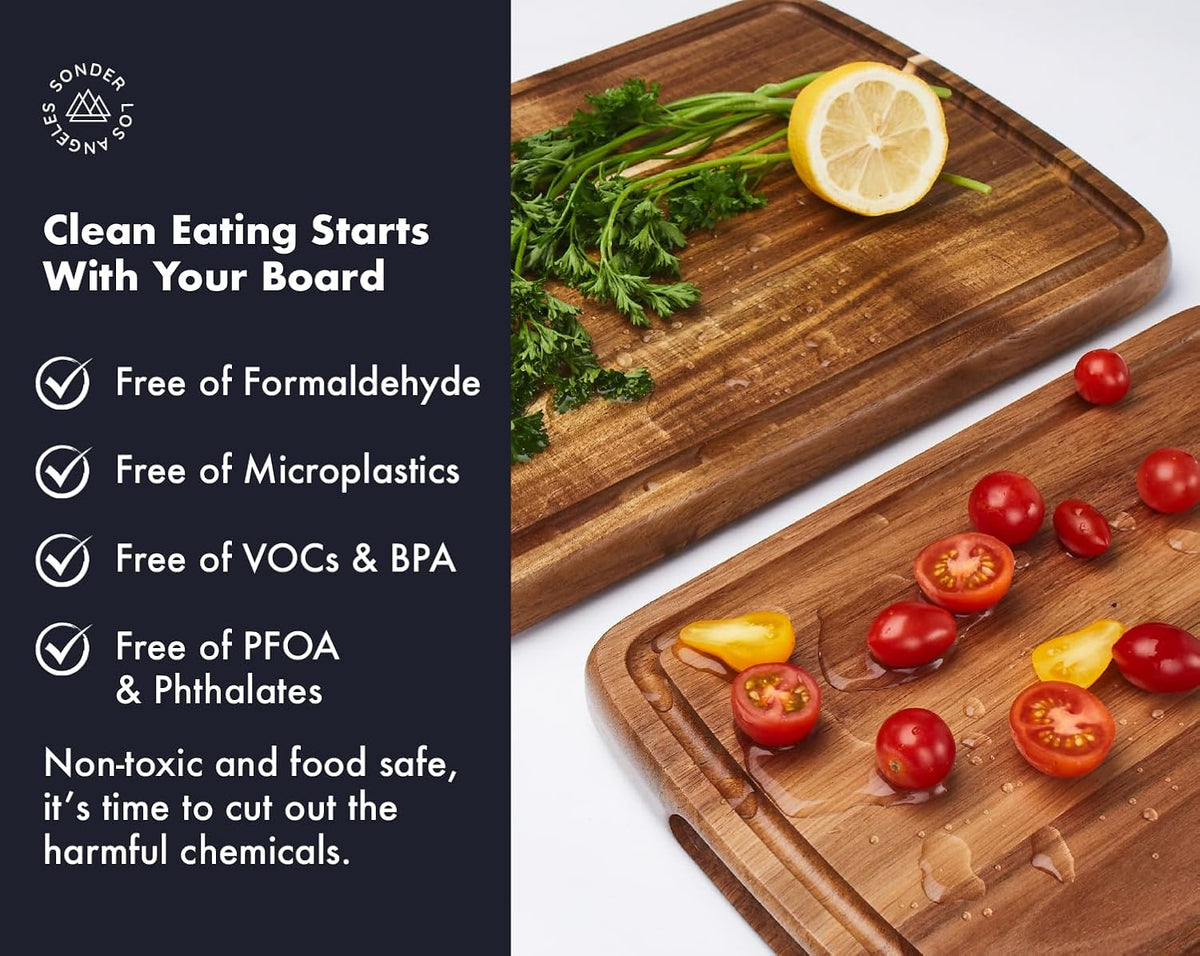 Set of 2 Sonder Los Angeles Acacia Wood Cutting Boards with Juice Groove, Gift Box Included - Small & Medium Sizes: 14x10x1in & 12x8x1in. Ideal for Meat, Vegetables, and Organic Produce Sustainable