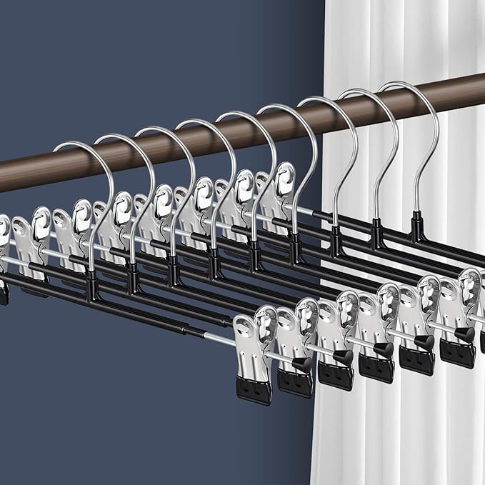 Pants Hangers with Clips for Women 120 Pack Adjustable Heavy Duty Space Saving Skirt Hangers Non-Slip Trousers, Jeans Clothes,Shorts Black,12Inch