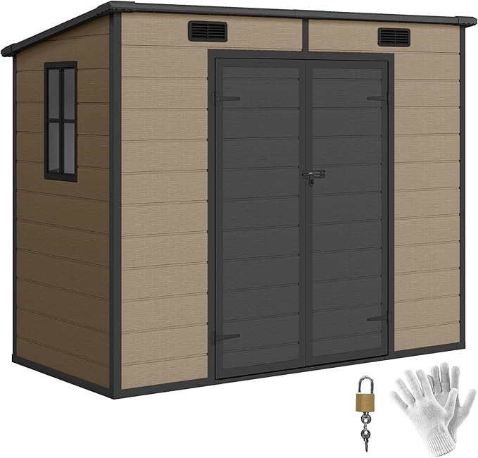 Outsunny 8' x 4' Outdoor Storage Shed, Waterproof Resin Plastic Shed with Floor, Window, Lockable Door and Vents, All-Weather Garden Tool Shed for Backyard, Patio, Lawn, Brown
