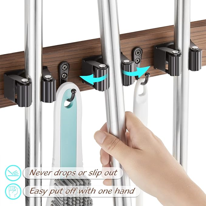 Mop and Broom Holder Wall Mount - Rustic Wood Broom Mop Hanger - Wall Mounted Garden Tool Rack Organizer for Closet Garage Laundry Room Kitchen Decor With 4 Slots & 4 Hooks