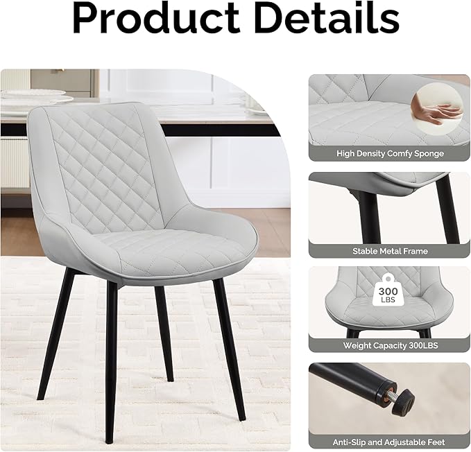 Dining Chair Set of 2, Modern Dining Chairs with Thick Cushions, Faux Leather Upholstered Kitchen Dining Room Chairs with Metal Adjustable Legs for Dining Living Room, Light Grey