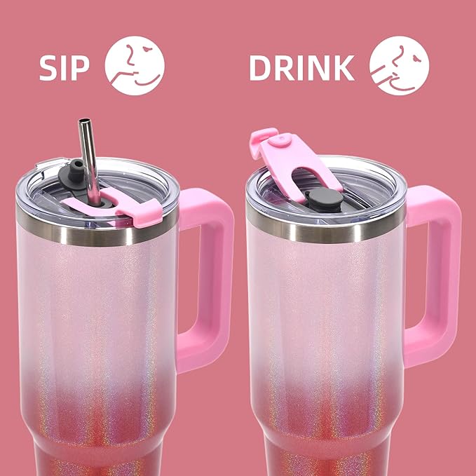 40 oz Shiny Tumbler with Handle and Straw,Stainless Steel Tumbler with Lid and Straw,Insulated Travel Mug(Cold for 34 Hours),Water Bottle for Iced Tea,Coffee (Red)