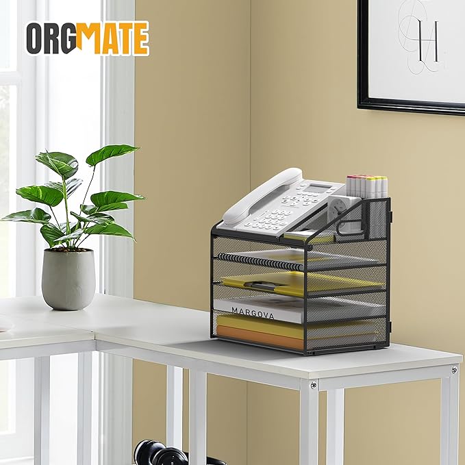 Letter Tray Paper, 5 Tier Desk Organizer with Pen Holder and Handle, Mesh File Organizer Paper Sorter Metal Desktop Document Shelf for Office Home Classroom - Black