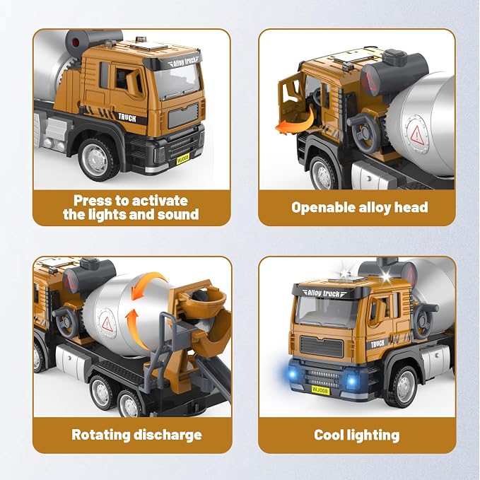 1:50 Die-Cast Concrete Mixer Truck Toy, Pull-Back with Lights Sounds, Rotating Mixing Drum, Opening Doors, with Simulated Gravel, for Kids 3-9