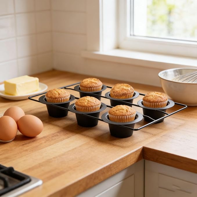 Aramox 6 Cup Popover Pan for Baking, Non Stick Carbon Steel, Deep Tapered Cups with Wire Rack, 22.5x40.5x5.5cm/8.9x15.9x2.2in