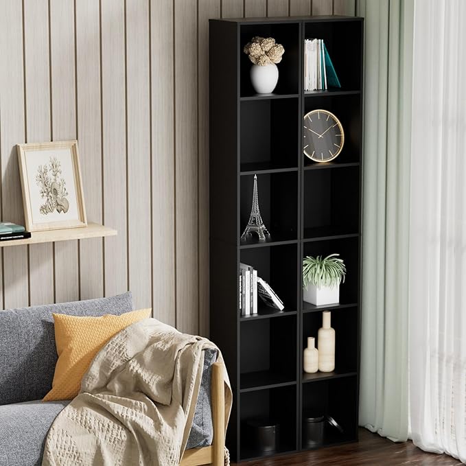 Tall Narrow Bookshelf 6-Tier Bookcase,70.5" Skinny Thin Corner Shelf Slim Storage Cabinet,Wood DVD CD Media Cube Organizer Tower Rack for Small Spaces, Bedroom, Living Room, Office,Black