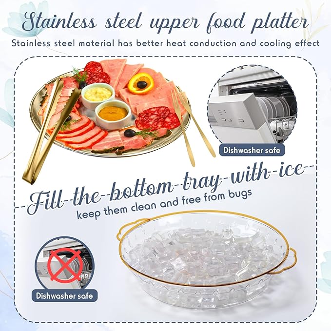 Baderke 2 Sets 11.8" Chilled Serving Tray for Parties Round Iced Platter with Ice Underneath Stainless Steel Clip Fruit Fork Shrimp Cocktail Serving Dish for Oysters Crawfish Fruits (Gold)