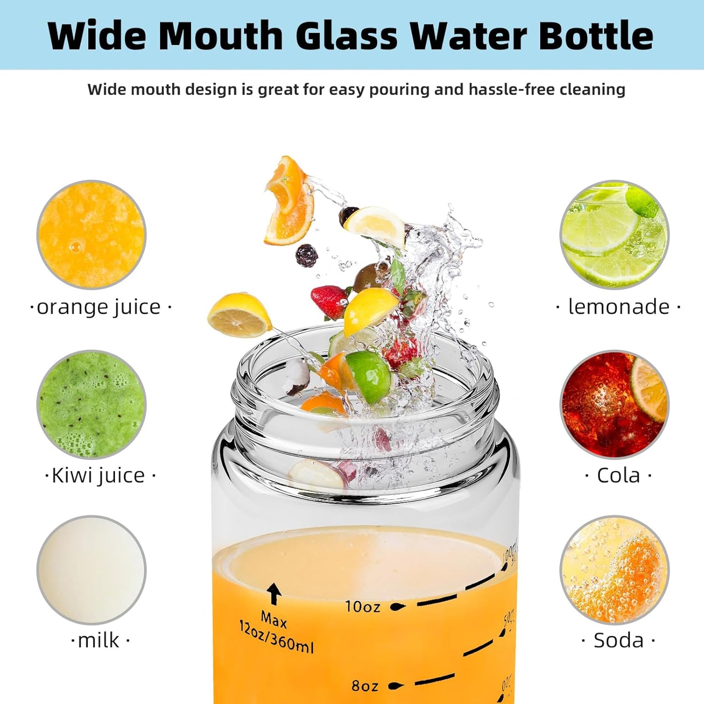 Glass Juice Bottles 4 Pack 12 oz - Wide Mouth Glass Water Bottles with Lids - Borosilicate,Stainless Steel Lids for Juicing, Smoothies, Infused Water, Beverage Storage, Leakproof, Reusable, BPA Free