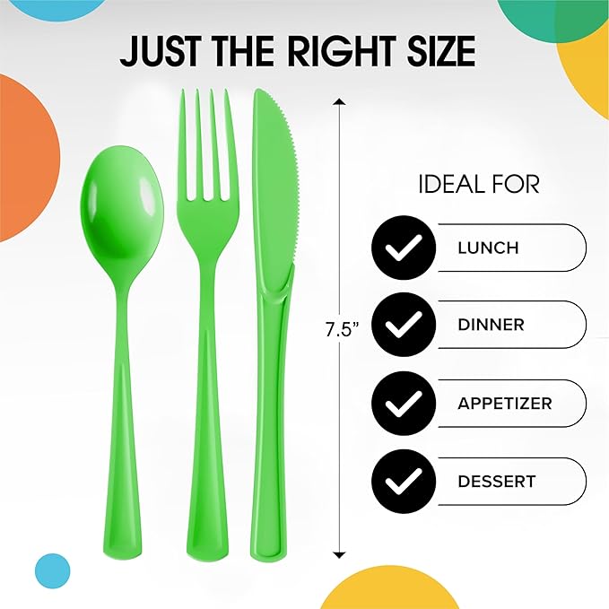 Party Solids Lime Green Plastic Silverware Heavy Duty 300 Pcs Lime Green Plastic Cutlery Sets, Utensil Sets, 100 Of Each Forks, Knives & Spoons Disposable Cutlery Set, Flatware Set For Party Supplies