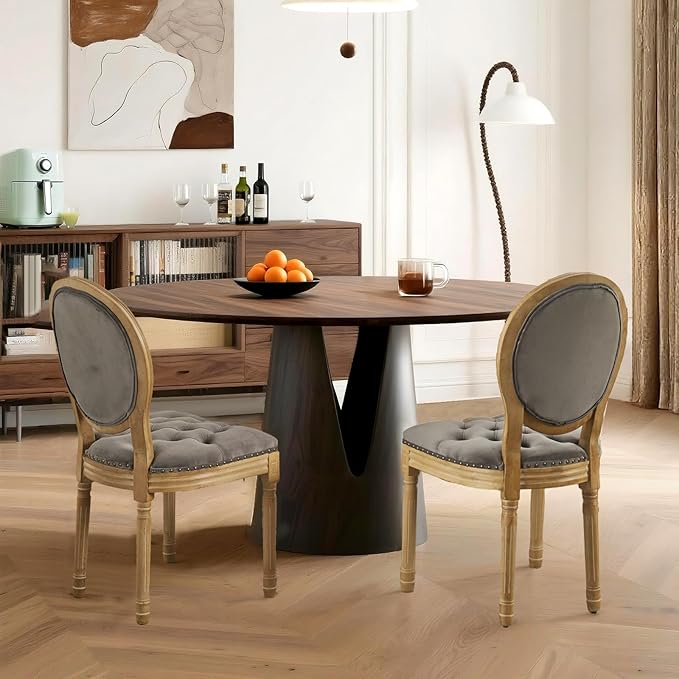 French Country Dining Chairs Set of 4,Farmhouse Upholstered Dining Room Chairs with Tufted Round Back&Solid Leg,Velvet Kitchen Side Chairs for Kitchen/Bedroom/Dining Room,Gray