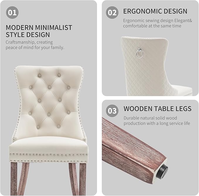 Velvet Dining Chairs Set of 2, Upholstered Dining Room Chairs with Nailhead Trim, Sillas de Comedor Modernas 2, Wooden Kitchen Chairs for Dining Room, Living Room, Kitchen, Bedroom, Beige