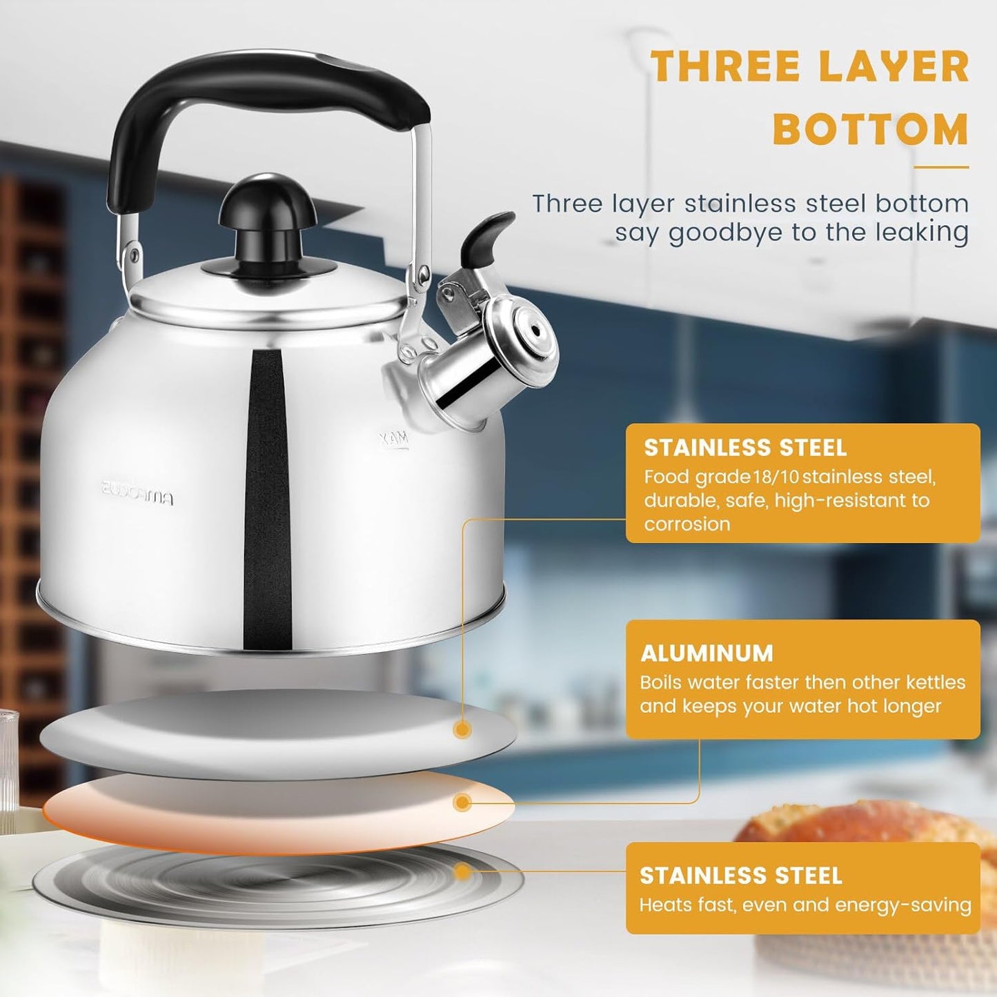 AMFOCUS Tea Kettle Stovetop, Whistling Tea Kettle Pots for Stove Top, 2.64 QT Food Grade Stainless Steel Teakettle Teapot with Cool Grip Folding Handle, Hot Water boiler for Tea, Milk, Coffee