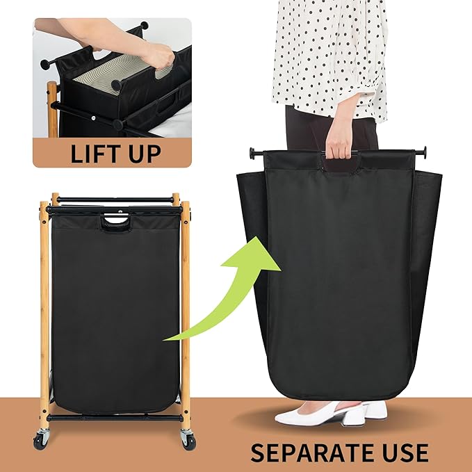 STORAGE MANIAC 3 Section Laundry Sorter, 35.9 Gal (136 L) Laundry Hamper Cart with Heavy Duty Rolling Lockable Wheels and Removable Bags, Clothes Organizer Basket Clothes Separator Hamper, Bamboo