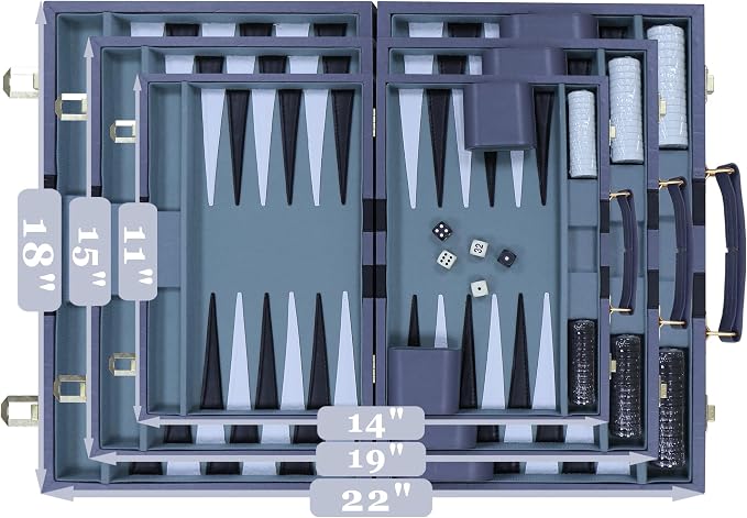 Backgammon Set - Classic Board Game with Premium PU Leather Case - Portable Travel Strategy Backgammon Game Set for Adults, Kids Family Game Night, Vacation & Gifts (15inch Medium, Gray)
