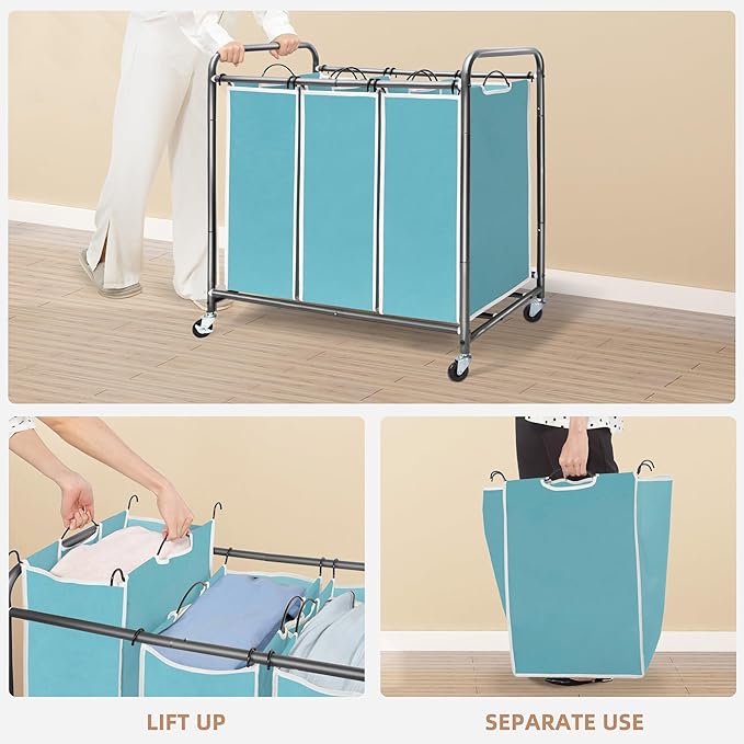 STORAGE MANIAC 3 Section Laundry Sorter, 35.9 Gal (136 L) Laundry Hamper Cart with Heavy Duty Rolling Lockable Wheels and Removable Bags, Clothes Organizer Basket Clothes Separator Hamper, Blue