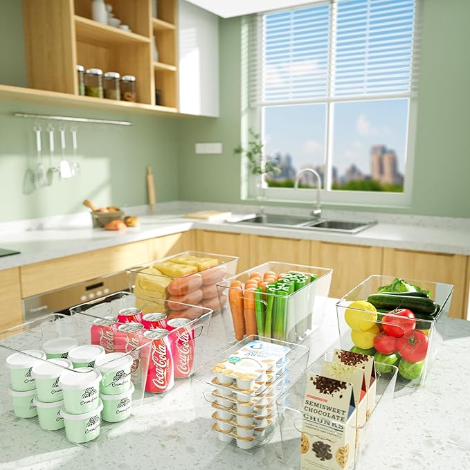 BALEINE Clear Plastic Storage Bins, Pantry Organization, BPA Free Stackable Refrigerator Organizers and Storage with Handles for Kitchen Fridge Cabinet Bathroom (8PK, 10.5x6x5)