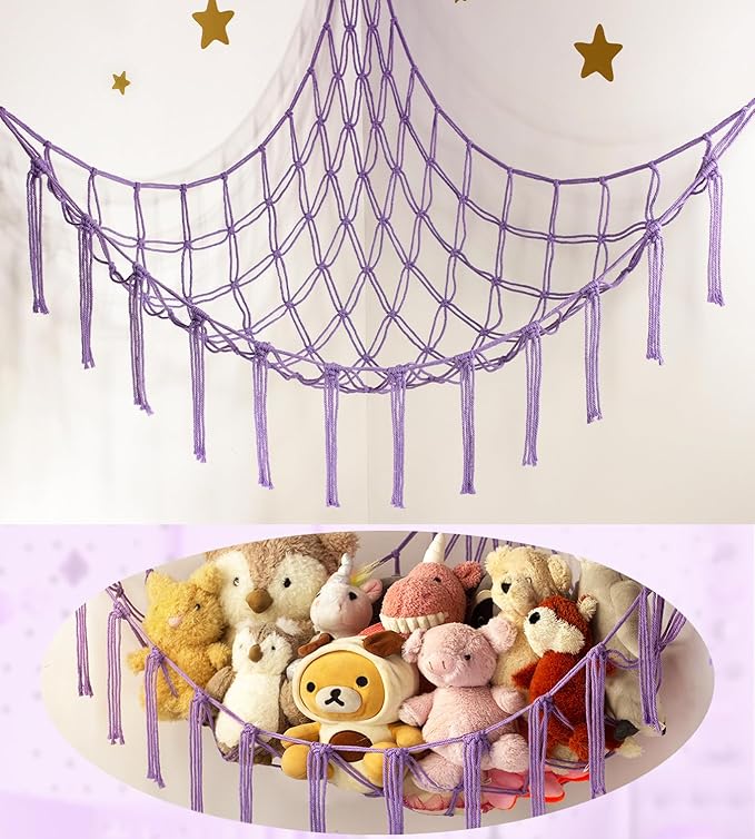 Stuffed Animal Storage Hammock or Net - Toy Hammock Net for Stuffed Animals Corner - Hanging Stuff Animal Organizer Holder Ideas for Plush Plushie - Purple Kids Baby Nursery Wall Bedroom Room Decor