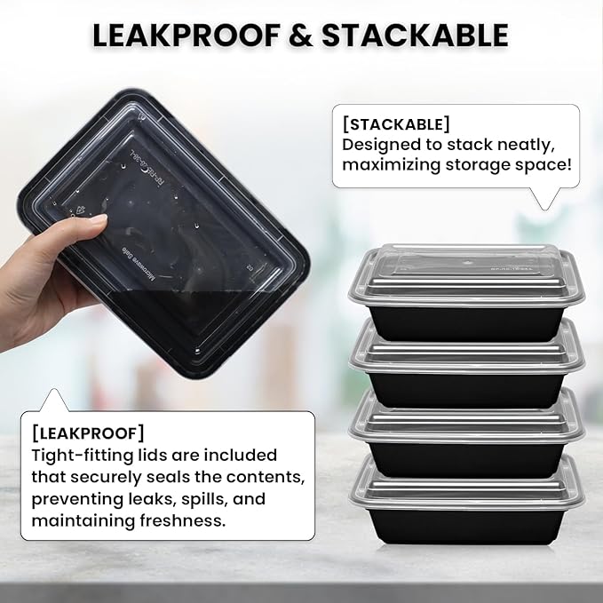 Klex 24 Oz, 50 Sets Meal Prep Containers with Airtight Lids, BPA Free, Reusable Plastic Food Container, 24 oz, Rectangular, Black/Clear, 50 Sets