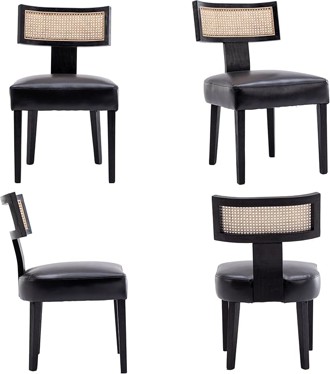 Rattan Dining Chairs Set of 4, Modern PU Leather Upholstered Kitchen Chairs, Wooden Dining Room Chair Farmhouse Dinner Chair, Black