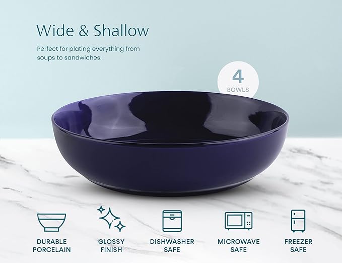 KooK Pasta Bowl, Salad Bowls, Soup, Serving Bowls, Ceramic, Large Capacity, Microwave & Dishwasher Safe, Set of 4, 40 Oz, (Cobalt)