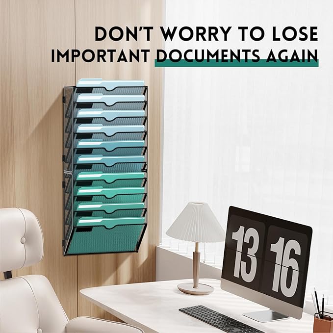 SUPEASY 10-Tier Wall File Organizer, Hanging Wall Files for Papers, Folders, Magazines, Wall Organizer for Clipboard, Assembly Needed, Black