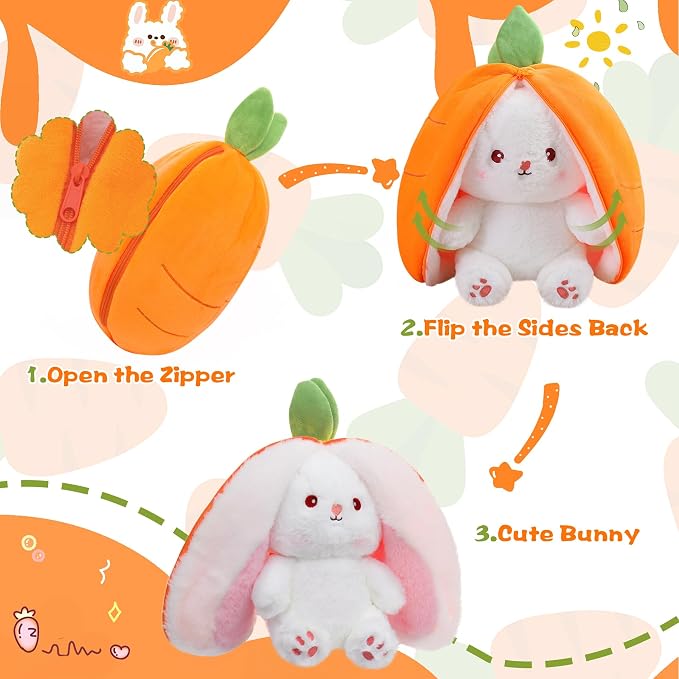 MIAODAM 13.7 inch Easter Bunny Stuffed Animal, Kawaii Squishy Cute Easter Bunny Plush Turn Into Rabbit Fruit Doll Carrot Strawberry Pillow, Plushies Funny Bunny Toy for Baby