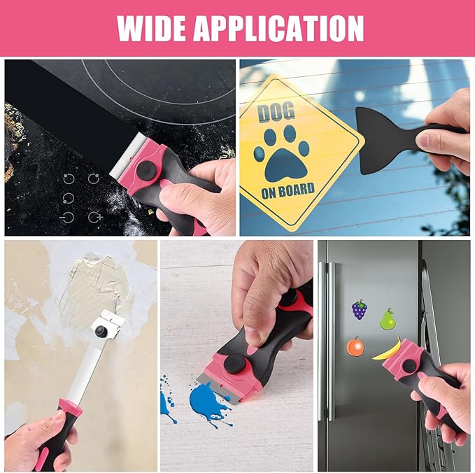 4 Pack Razor Blade Scraper, Premium Cleaning Scraper Tool with 50 PCS Metal & Plastic Razor Blades, Multi-Purpose Glass Scraper for Windows, Sticker, Decals, Cooktop, Paint Removal (Pink)