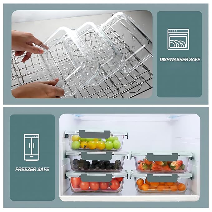 KOMUEE 30 oz 5 Pack Glass Meal Prep Containers 2 Compartments, Glass Food Storage Containers with Lids, Airtight Lunch Box, Microwave, Oven and Freezer Safe