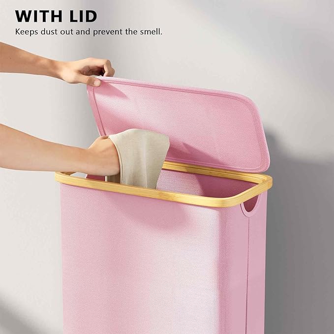 SpaceAid Slim Laundry Hamper with Lid, 65L Narrow Clothes Basket Bin with Bamboo Handles, Skinny Tall Collapsible Hamper for Bedroom, Bathroom, Dorm, Laundry Room - Pink