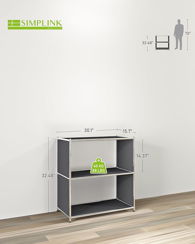 32-Inch 2-Tier Metal Bookcase, Open Shelf Storage Organizer for Living Room, Bedroom, Side Table or Nightstand Use, Modern DIY Assembly, Grey