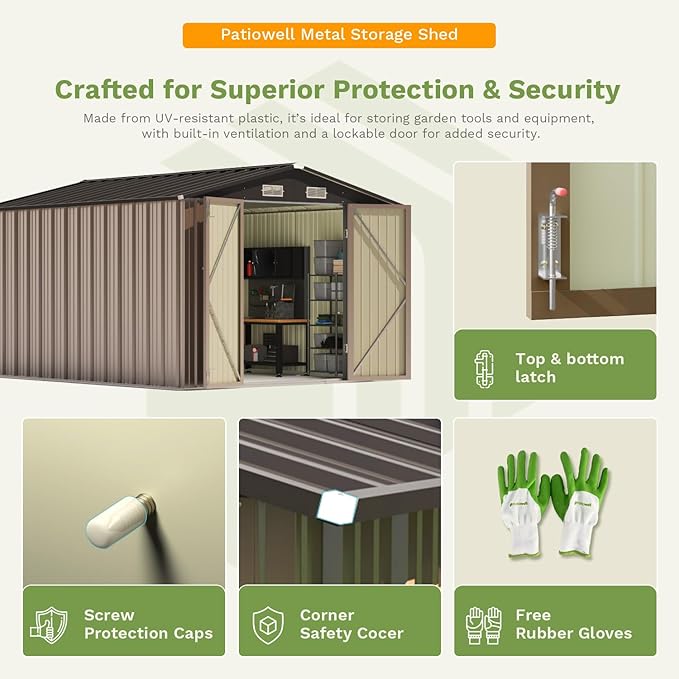 Patiowell 10 x 12 FT Metal Storage Shed for Outdoor, Steel Yard Shed with Design of Lockable Doors, Utility and Tool Storage for Garden, Backyard, Patio, Outside use,Brown